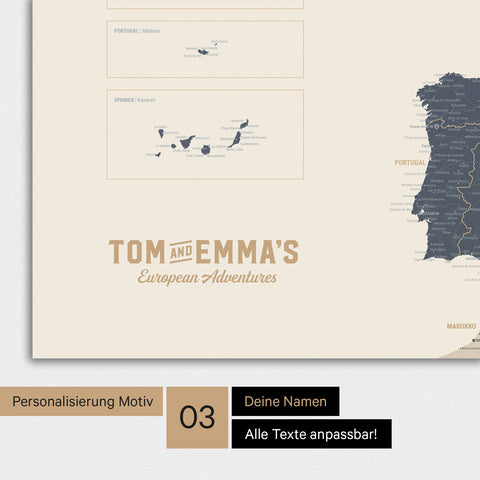 Europakarte Poster in Navy Light mit Personalisierung im Vintage-Stil