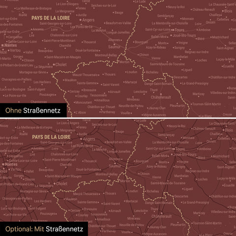 Frankrigskort TRAVEL® Canvas med nåle – Bordeaux Rød