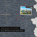 Frankreich Landkarte in Denim Blue als Leinwand zum Pinnen zeigt einen Ausschnitt von Auvergne-Rhone-Alpen mit vielen Details wie Nationalparks, Flüssen und zahlreichen kleinen Orten und Städten, die teilweise mit Pins markiert sind