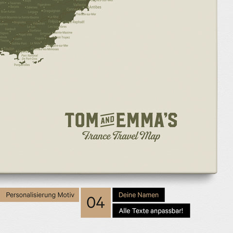 Frankrigskort TRAVEL® Canvas med nåle – Olive Grøn