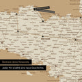 Moderne Frankreich Landkarte in der Farbe Treasure Gold als Pinn-Leinwand zeigt einen Ausschnitt der Bretagne, in der bereits besuchte Reiseziele durch Pins markiert sind 