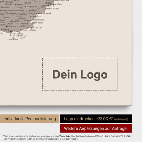 Frankreich-Karte TRAVEL® Pinn-Leinwand – Warmgray