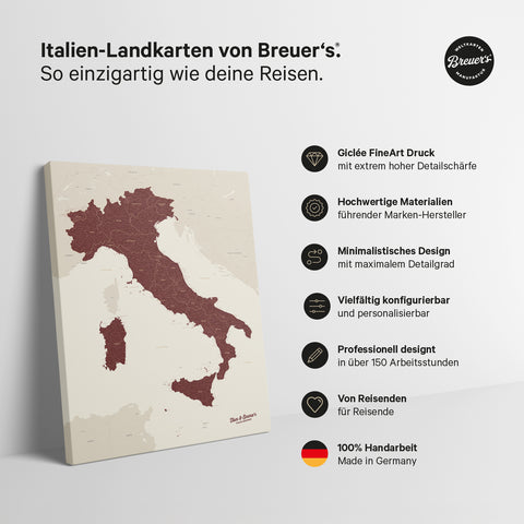 Italienskort TRAVEL® Canvas med nåle – Bordeaux Rød