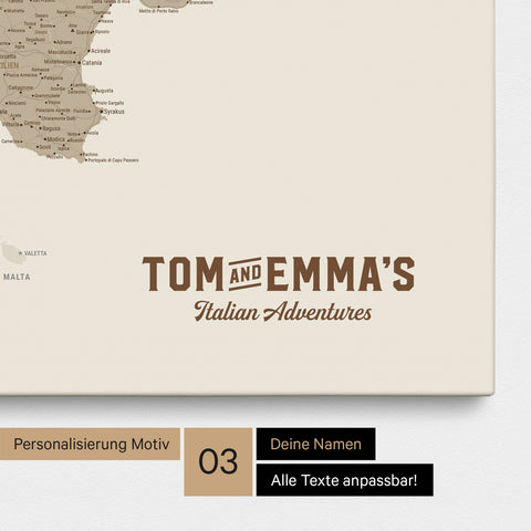 Italien-Karte zum Pinnen in Beige mit Personalisierung im Vintage-Stil