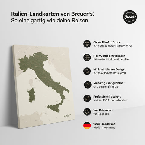 Italienskort TRAVEL® Canvas med nåle – Olivengrøn