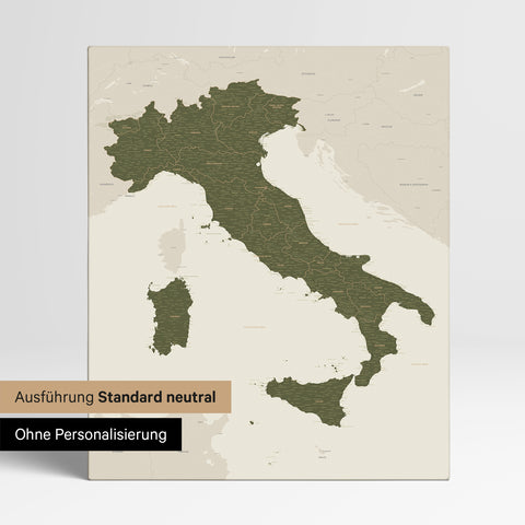 Neutrale Standard Ausführung der detaillierten Italien-Karte als Pinnwand Leinwand in Grün ohne Personalisierung