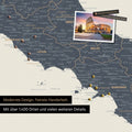 Italien Landkarte in Navy Light als Leinwand zum Pinnen zeigt einen Ausschnitt von Rom, Abruzzien und Kampanien mit vielen Details wie Nationalparks, Flüssen und zahlreichen kleinen Orten und Städten, die teilweise mit Pins markiert sind