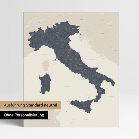 Neutrale Standard Ausführung der detaillierten Italien-Karte als Pinnwand Leinwand in Navy Light ohne Personalisierung