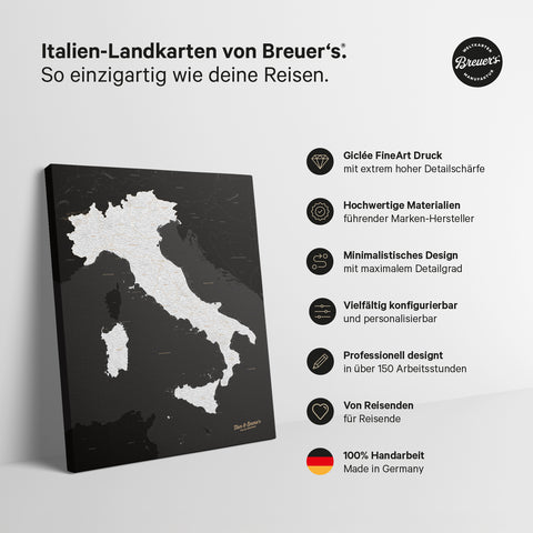 Italienskort TRAVEL® Canvas med nåle – Mørk Sort (Sort-Hvid)