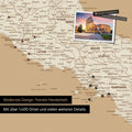 Italien Landkarte in Treasure Gold (Gold-Beige) als Leinwand zum Pinnen zeigt einen Ausschnitt von Rom, Abruzzien und Kampanien mit vielen Details wie Nationalparks, Flüssen und zahlreichen kleinen Orten und Städten, die teilweise mit Pins markiert sind