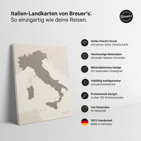 Italien-Karte TRAVEL® Pinn-Leinwand – Warmgray