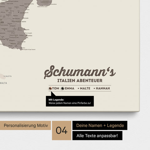 Italien-Karte als Leinwand in Warmgray (Braun-Grau) mit Personalisierung als Logo mit Familiennamen und Legende für Orte, die man bereits besucht hat und noch besuchen möchte
