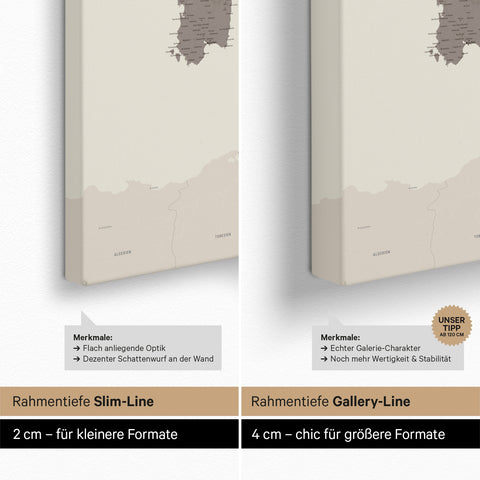 Italien-Karte TRAVEL® Pinn-Leinwand – Warmgray