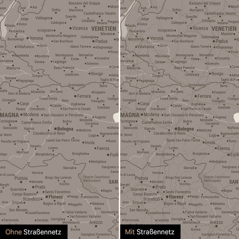 Italien-Karte TRAVEL® Pinn-Leinwand – Warmgray