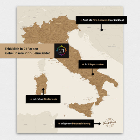 Italienskort TRAVEL® Premium plakat – i 21 farver