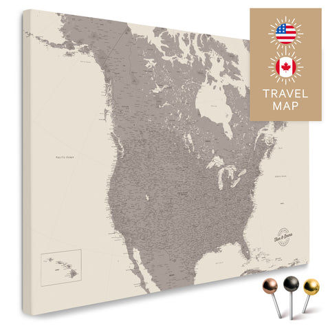 Kanada & USA Landkarte in Warmgray (Braun-Grau) mit sehr hohem Detailgrad als Pinnwand Leinwand zum Pinnen und Markieren von Reisezielen kaufen