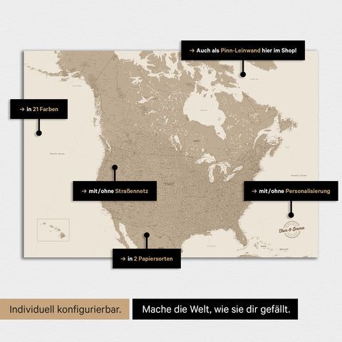 Canada & USA-landkort TRAVEL® Premium plakat – i 21 farver