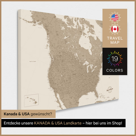 USA-kort TRAVEL® Canvas med nåle – Desert Sand (Beige)