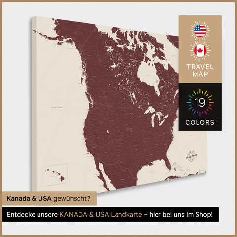 USA-kort TRAVEL® Canvas med nåle – Bordeaux Rød
