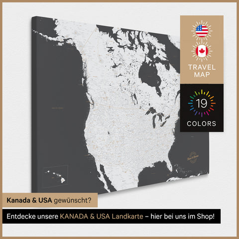 USA-kort TRAVEL® Canvas med nåle – Dark Gray (Mørkegrå)