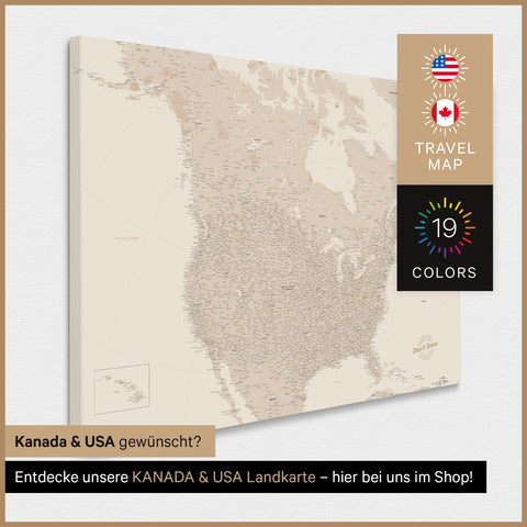 USA-kort TRAVEL® Canvas med nåle – Gold