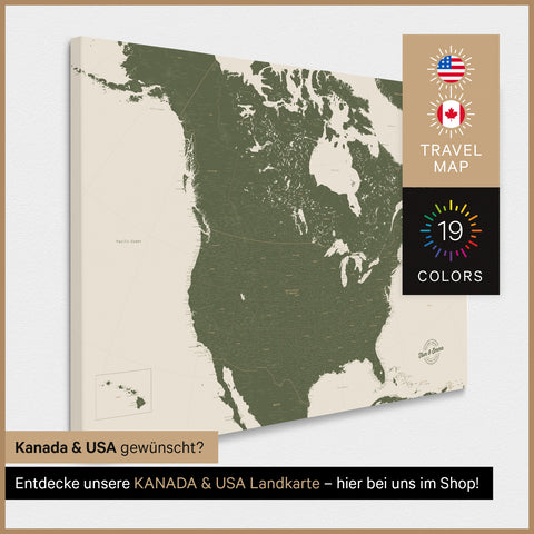 USA-kort TRAVEL® Canvas med nåle – Olivengrøn