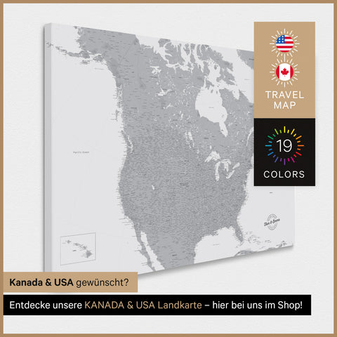 USA-kort TRAVEL® Canvas med nåle – Coolgray (Lysegrå)