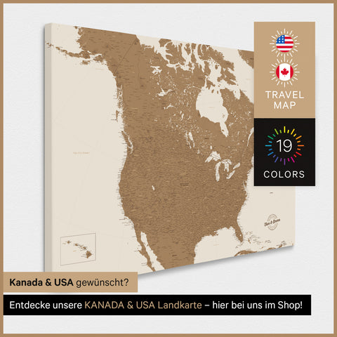 USA-kort TRAVEL® Canvas med nåle – Bronze
