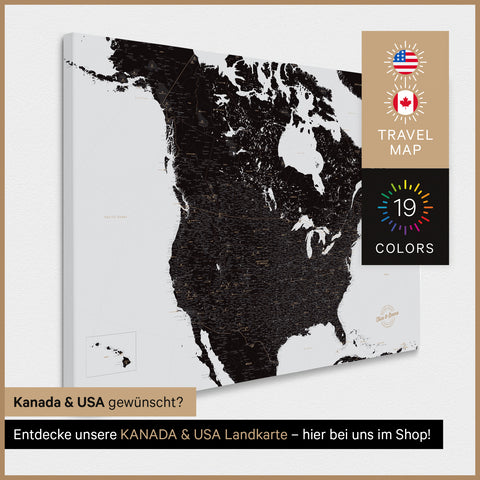 USA-kort TRAVEL® Canvas med nåle – Light Black (Hvid-Sort)