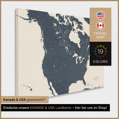USA-kort TRAVEL® Canvas med nåle – Navy Light
