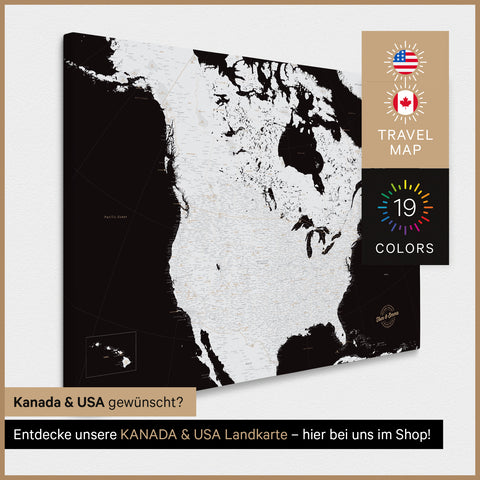 USA-kort TRAVEL® Canvas med nåle – Dark Black (Sort-Hvid)