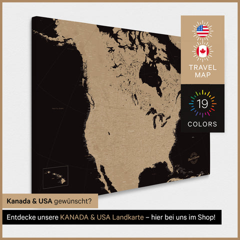 USA-kort TRAVEL® Canvas med nåle – Sonar Black (Sort-Guld)