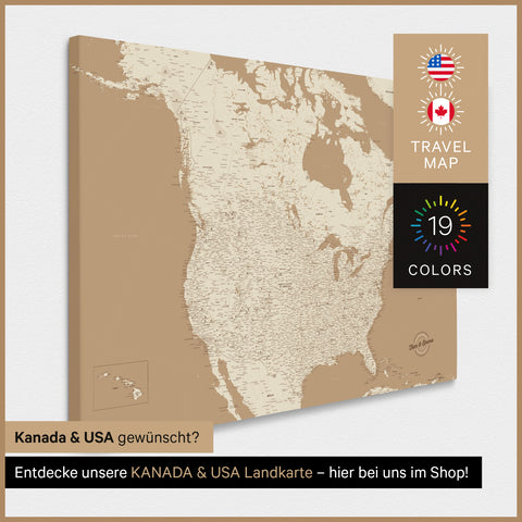USA-kort TRAVEL® Canvas med nåle – Treasure Gold