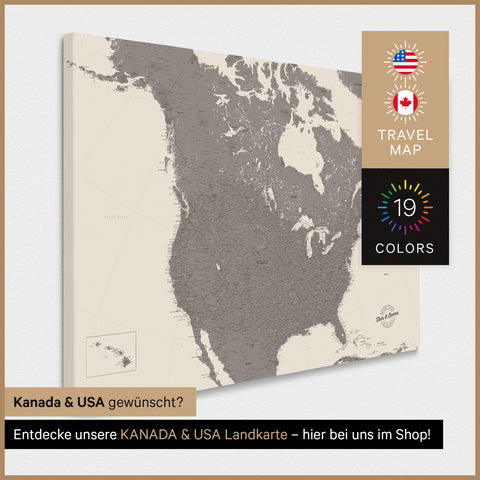 USA-Karte TRAVEL® Pinn-Leinwand – Warmgray (Braun-Grau)