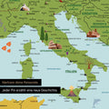 Ausschnitt einer Kinder-Europakarte als Pinn-Leinwand in Farbe Classic zeigt Pins von Reisezielen in Italien mit Illustrationen von dem Kolosseum und der Toskana