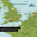 Ausschnitt einer Kinder-Europakarte als Pinn-Leinwand in Farbe Classic zeigt Frankreich und England mit Illustrationen von Stonehenge, dem Eiffelturm und Big Ben