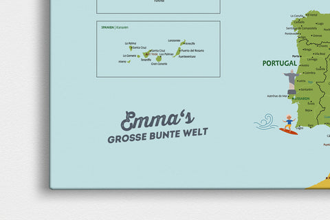 Personalisierung einer Europa-Karte für Kinder als Pinn-Leinwand zum Markieren von Orten und zum Lernen von Geographie