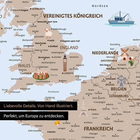 Ausschnitt einer Kinder-Europakarte als Poster in Farbe Brown zeigt Pins in Reisezielen von Frankreich und England
