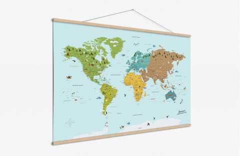 Magnetische Posterleisten aus Holz sind die optimale Aufhängung für unsere Kinder-Weltkarte als Poster