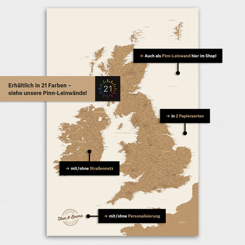 UK England & Irland-kort TRAVEL® Magnetisk plakat – i 21 farver