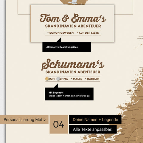Magnetische Skandinavien-Karte mit Personalisierung als Logo mit Familiennamen