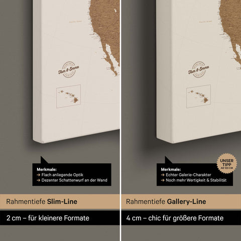 Nordamerikakort TRAVEL® Canvas med nåle – Bronze