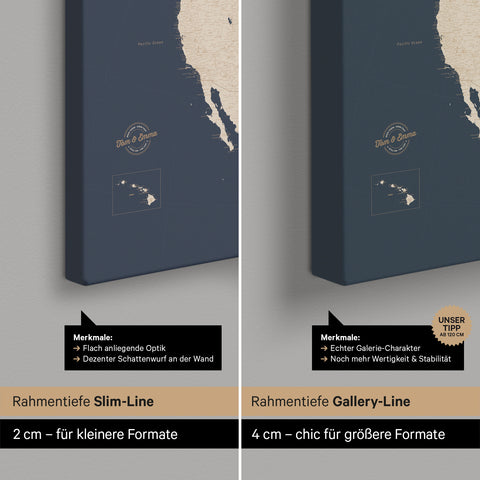 Nordamerikakort TRAVEL® Canvas med nåle – Hale Navy (Dunkelblau-Gold)