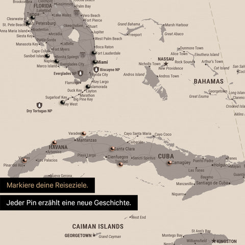 Detaillierte Nordamerika Karte als Pinn-Leinand in Warmgray (Braun-Grau) zeigt Pins ins Reisezielen von Florida und Kuba
