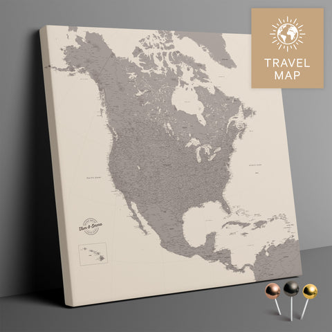 Nordamerika Landkarte in Warmgray (Braun-Grau) mit sehr hohem Detailgrad als Pinnwand Leinwand zum Pinnen und Markieren von Reisezielen kaufen