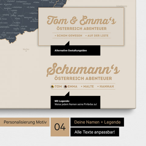 Pinnwand Leinwand einer Österreich-Karte in Navy Light mit Personalisierung als Logo mit Familiennamen