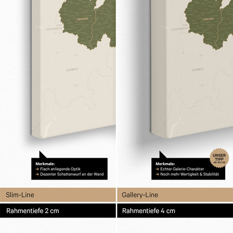 Österreich-Karte TRAVEL® Pinn-Leinwand – Olive Green