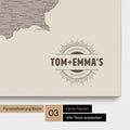 Österreich-Karte als Pinn-Leinwand in Warmgray (Braun-Grau) mit eingedruckten Namen als Logo in Form einer Sonne