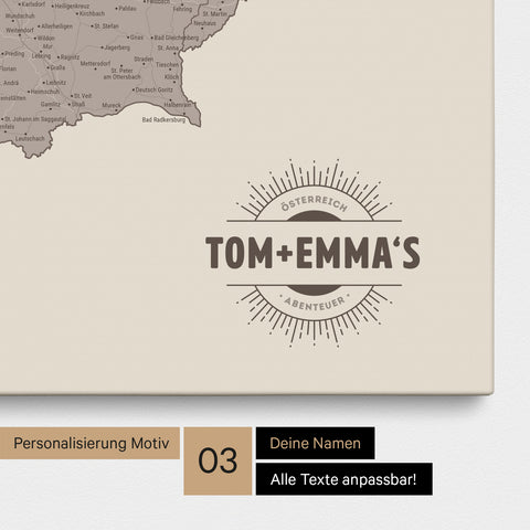 Österreich-Karte als Pinn-Leinwand in Warmgray (Braun-Grau) mit eingedruckten Namen als Logo in Form einer Sonne