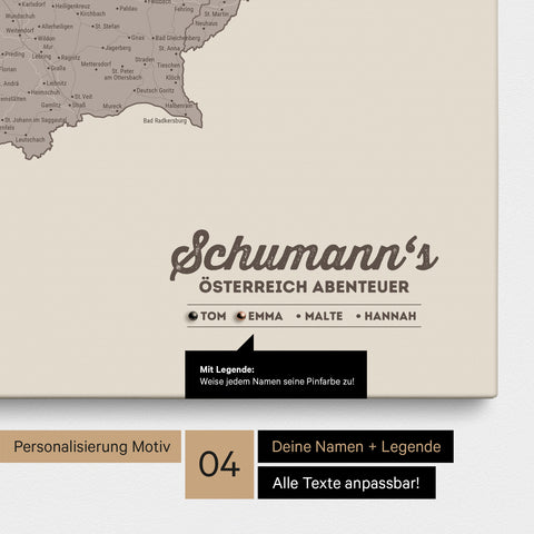 Pinnwand Leinwand einer Österreich-Karte in Warmgray (Braun-Grau) mit Personalisierung als Logo mit Familiennamen